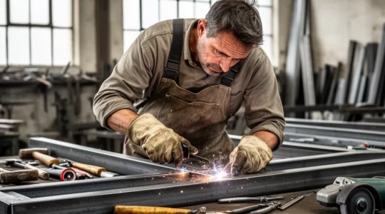 Artisan métallier soudant une structure en acier dans son atelier