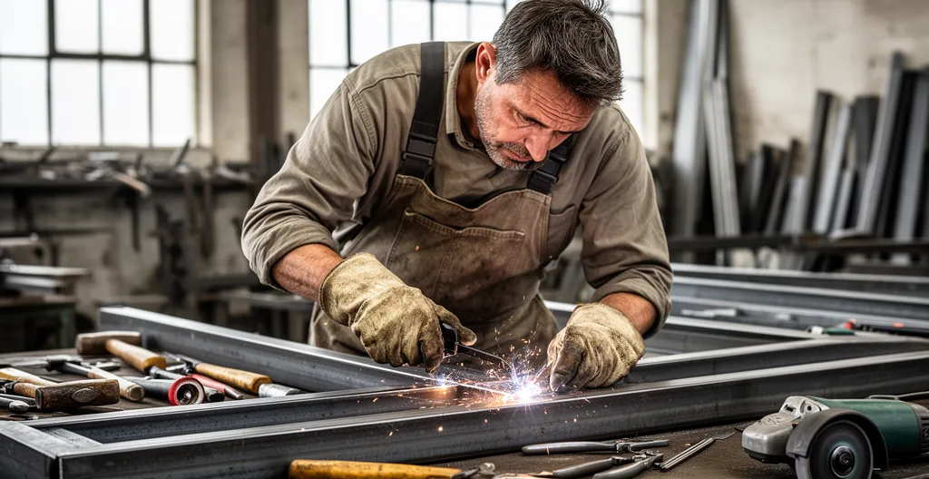 Artisan métallier soudant une structure en acier dans son atelier