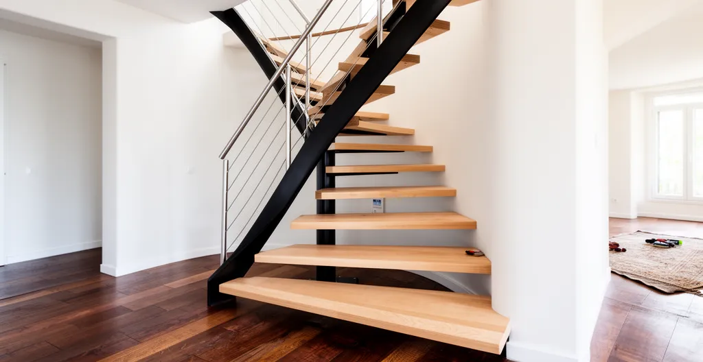 Escalier design avec limon central en acier noir et marches en bois