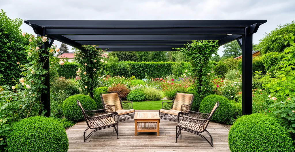 Pergola en acier noir sur terrasse extérieure avec mobilier de jardin