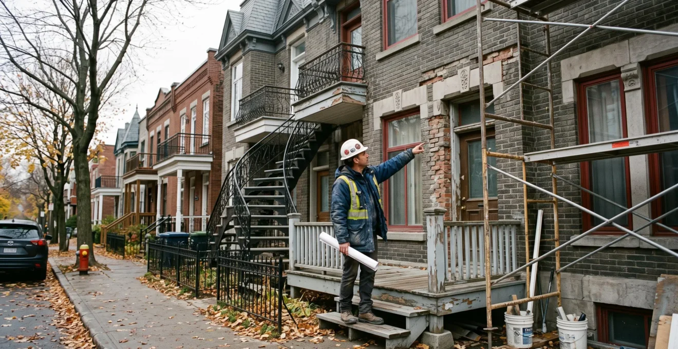 Un entrepreneur examine la façade de brique d'une maison ancienne en rénovation dans un quartier patrimonial de Montréal en automne.