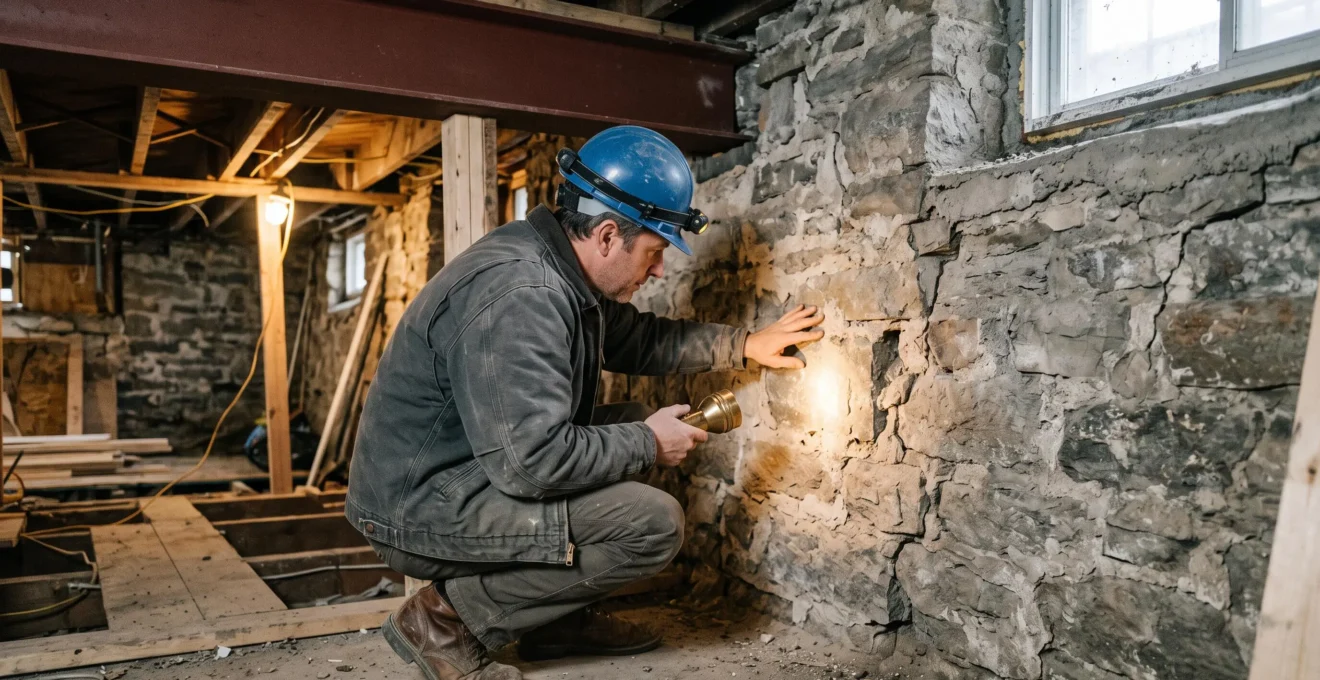Un ingénieur en structure inspecte le mur de fondation en pierre d'une maison ancienne dans le sous-sol lors de travaux de rénovation.