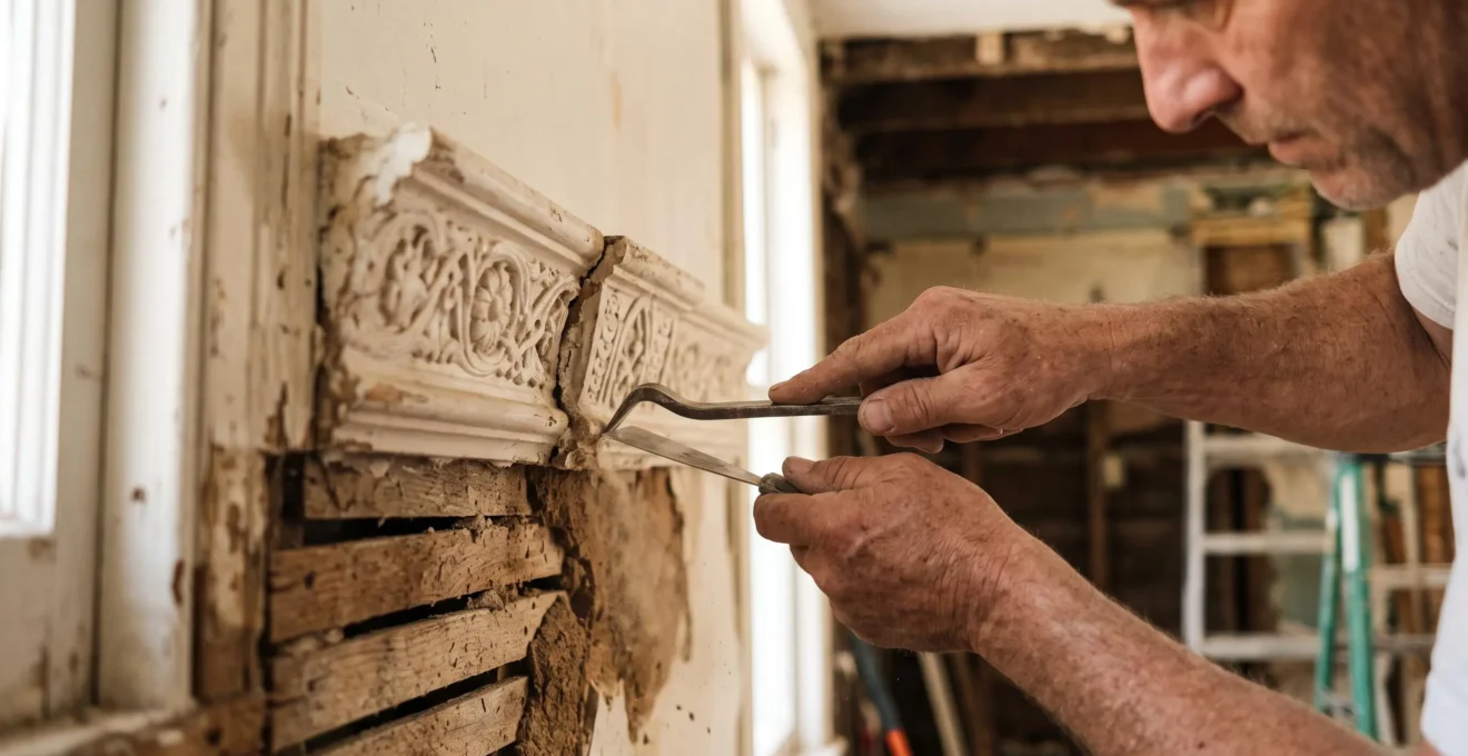 Gros plan sur les mains d'un menuisier retirant délicatement une moulure en plâtre d'origine lors de la rénovation d'une maison ancienne.
