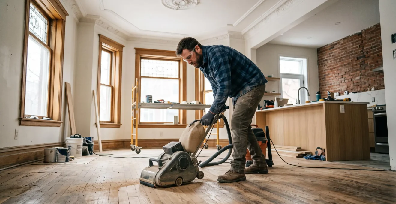 Un entrepreneur ponce le plancher de bois franc d'origine dans une maison ancienne en rénovation à Montréal, avec moulures préservées et cuisine modernisée en arrière-plan.