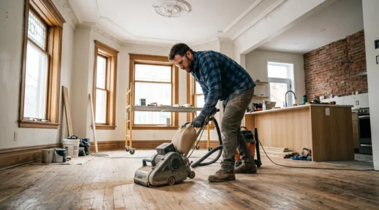 Un entrepreneur ponce le plancher de bois franc d'origine dans une maison ancienne en rénovation à Montréal, avec moulures préservées et cuisine modernisée en arrière-plan.
